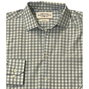 Mizzen+Main Leeward Mens L Shirt Blue Gingham Stretch Wrinkle Free TRIM FIT EUC